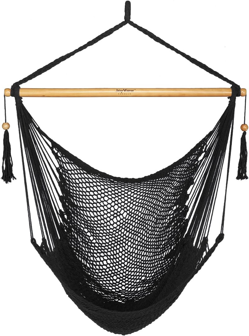 JoyView Hammock Chair with Spreader Bar Caribbean Hammock Swing Chair 300 LBS Weight Capacity XL Rope Hanging Chair for Outdoor Indoor Garden Yard - Black - Image 1